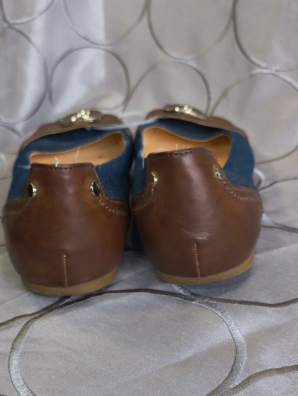 GUESS Denim Navy Ballet Flats with Brown Trim and Logo Accent AB